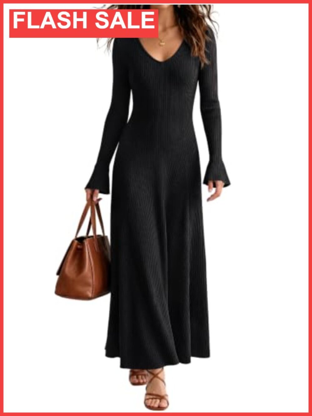 Long Sleeve V Neck Ribbed Knit Maxi Dress Slim Fit A Line
